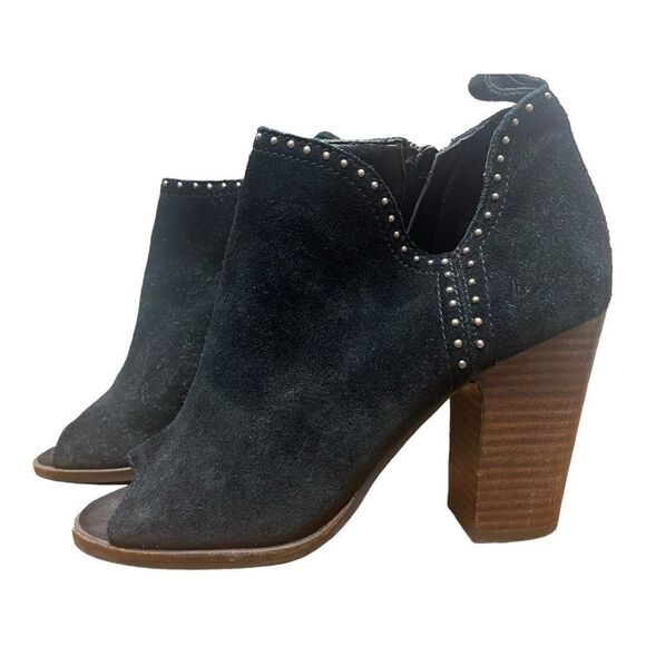 Lucky Brand Shoes Lotisha Booties 7.5 Black Peep Toe Block Heel Studded Leather - Picture 1 of 5